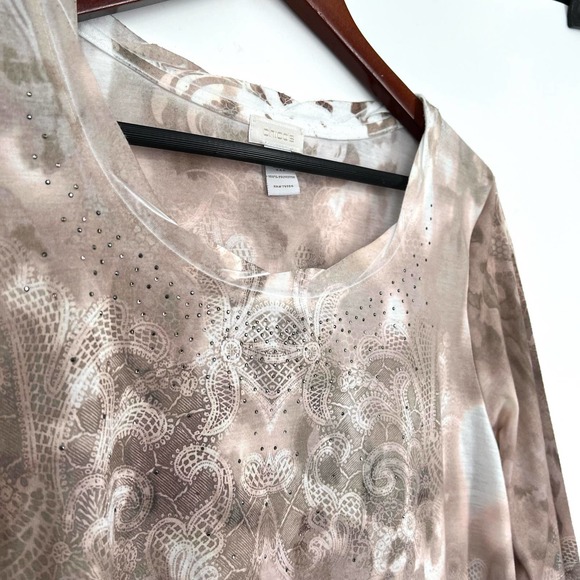 Chicos Size 2 LARGE Embellished Blouse Shirt Top 3/4 Sleeve Business Floral - Picture 2 of 7